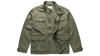 Functional outerwear garment in muted green shade displayed against a solid dark background