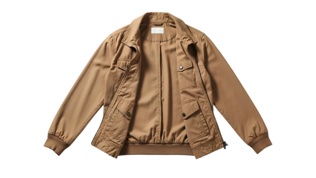 Lightweight casual outerwear garment displays multiple flap pockets and ribbed trim against a dark background