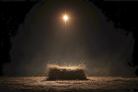 A nativity scene featuring an empty manger illuminated by a single bright star above