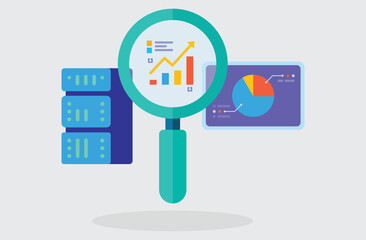 Flat 2D Vector Illustration of Digital Data Analysis with Magnifying Glass and Charts Tags