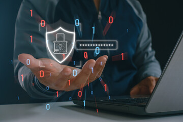 Cybersecurity concept with a holographic lock and shield above a laptop, representing password...