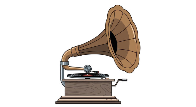 Vintage gramophone playing music with horn and turntable retro audio device isolated on white background