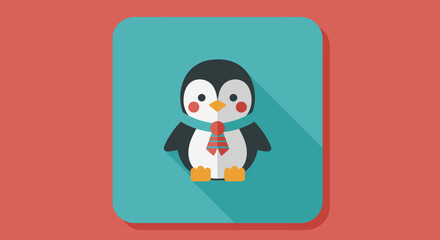 Cute cartoon penguin with scarf and long shadow flat design style isolated on white background