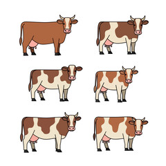 Six farm cows collection various brown and white breeds standing side profile full body on white isolated on white background
