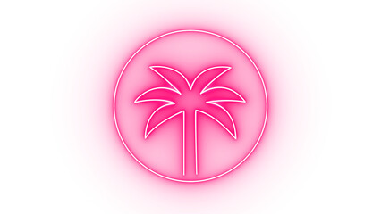 Illustration of pink neon palm tree icon in circle isolated on transparent background
