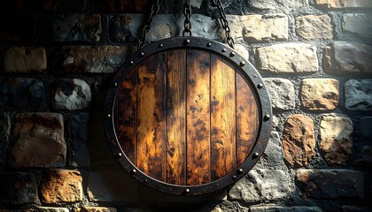 Obraz premium Rustic wooden sign with iron rim hanging on stone wall brings vintage charm to any space