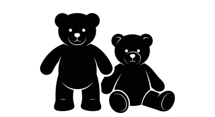 Two adorable black teddy bears standing and sitting together for children's playtime memories isolated on white background