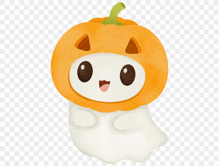 Cute watercolor ghost with pumpkin head, Halloween illustration vector.