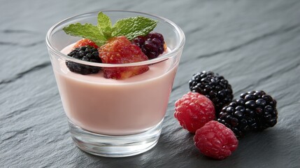 Closeup of a glass dessert cup filled with pink yogurt topped with mixed berries and a mint sprig on a dark slate surface with moody lighting, perfect for healthy snack promotion
