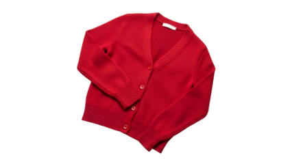 Vivid red button up knitted garment rests against a solid black background