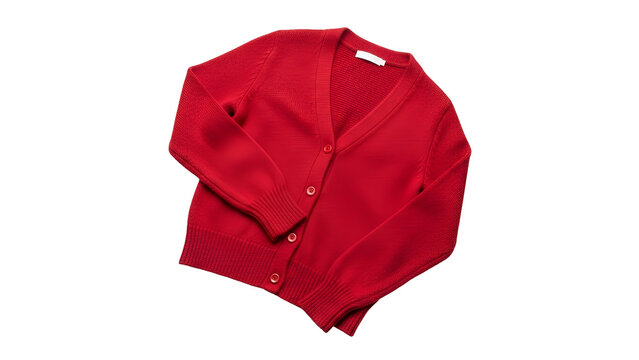 Vivid red button up knitted garment rests against a solid black background