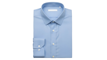 Crisp light blue dress garment is neatly folded against a solid black background