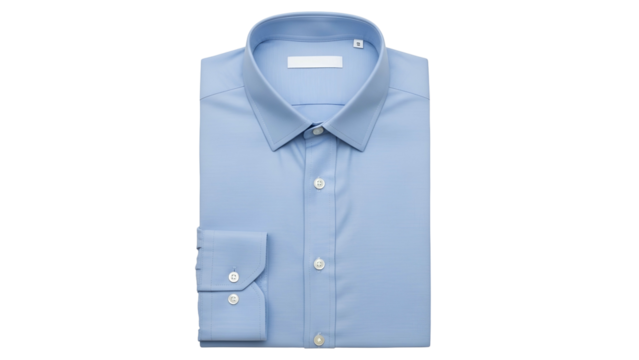 Crisp light blue dress garment is neatly folded against a solid black background