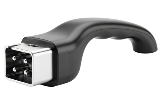 Ergonomic black handle with metal power connector on a transparent background