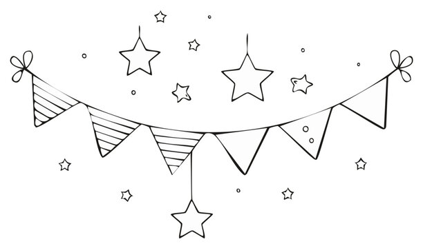 Hand-drawn celebratory elements with flags, stars, and circles suspended in black line art