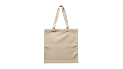 Plain beige reusable fabric carrier hangs vertically against a solid black background
