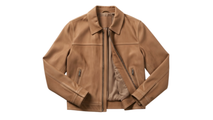 Tan colored smooth hide outer garment displays a zippered front opening.