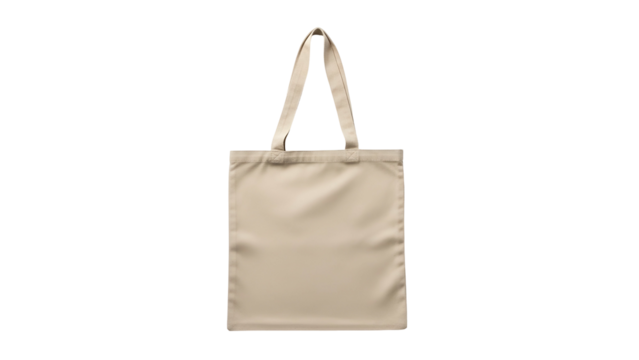 Plain beige reusable fabric carrier hangs vertically against a solid black background