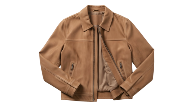 Tan colored smooth hide outer garment displays a zippered front opening.