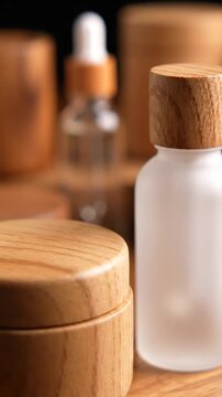 Frosted Glass Dropper Bottles with Wooden Lids and Natural Background for Skincare Products