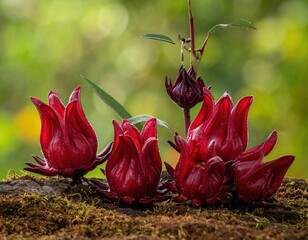 Close-up of vibrant red blooms nestled on mossy, blurred background