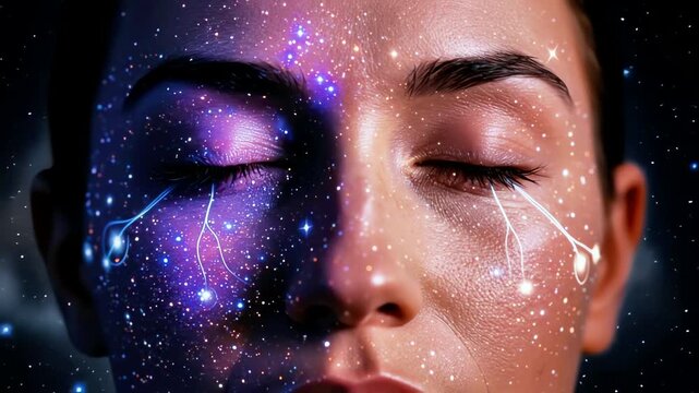 Stellar makeup imagery, galaxyinspired radiant face design, futuristic celestialthemed cosmetics with luminous effects, astralinspired beauty portrait highlighting glowing cosmic makeup elements