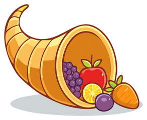Cartoon illustration of cornucopia overflowing with fruits and vegetables for Thanksgiving harvest celebration