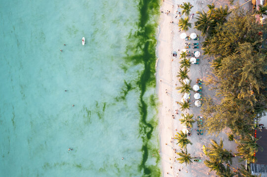 Aerial top down view of sandy beach and ocean, Boracay, Philippines