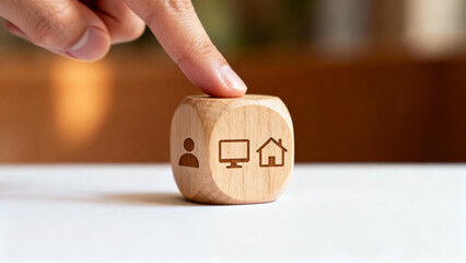 Choice for hybrid work innovation. Finger pressing wooden cube for remote home or office business solution concept