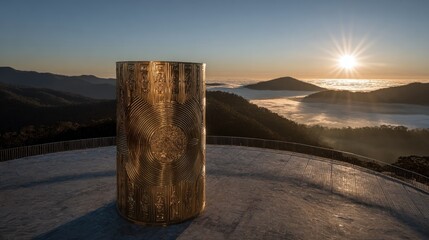 Golden Cylinder Sculpture At Sunrise Mountain View