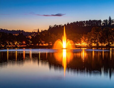 Illuminated water fountain in a calm lake at dusk with city lights