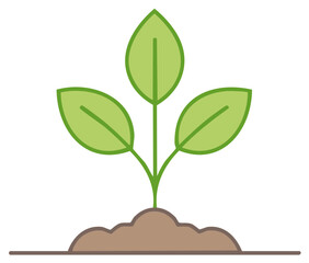 Fototapeta premium Young green plant seedling with three leaves growing in a mound of brown soil illustration