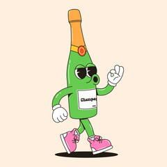 Happy vintage champagne bottle mascot walking. Retro Vector for party invitations, event promotions, holiday design