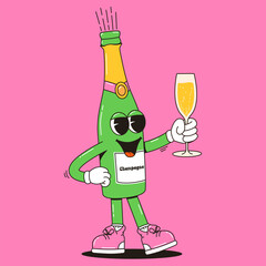 Vintage champagne mascot holding glass. Vector illustration for party invitations, cards, designs