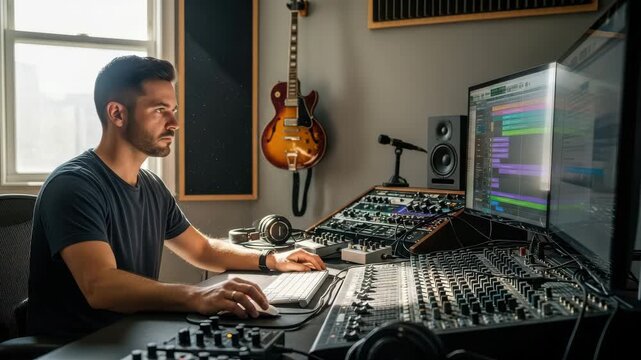 Man working on music production in his home studio with audio equipment