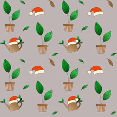 Seamless eco Christmas pattern with potted plants, watering can and Santa hats. Warm festive design for packaging, stationery and social media branding.