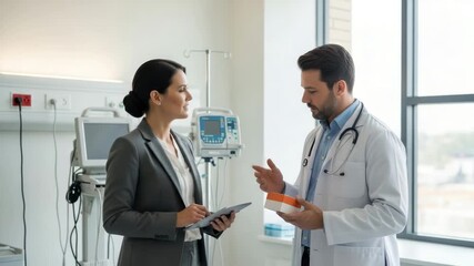 Doctor consulting with a pharmaceutical sales representative in hospital room - Powered by Adobe