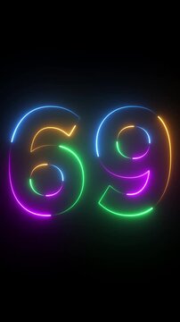 Neon glowing text 69 number animation on black background.69 number neon bright blue red and orrange color.Shining green neon number sixty nine animation.