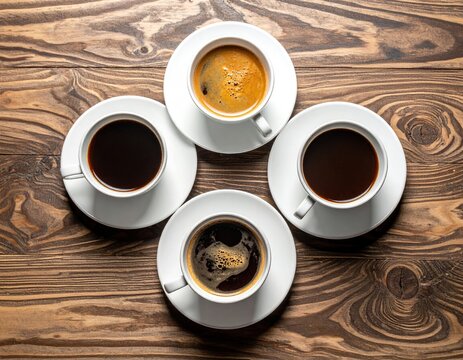 Overhead shot of four coffee cups on saucers on a wooden surface