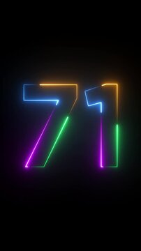 Neon glowing text 71 number animation on black background.71 number neon bright blue red and orrange color.Shining green neon number seventy one animation.