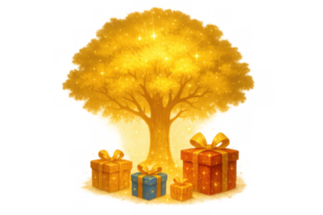 Golden magic tree with glowing gifts, celebrating special moments and surprises, transparent background