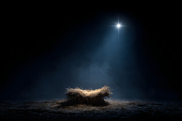 A nativity scene featuring an empty manger illuminated by a single bright star above