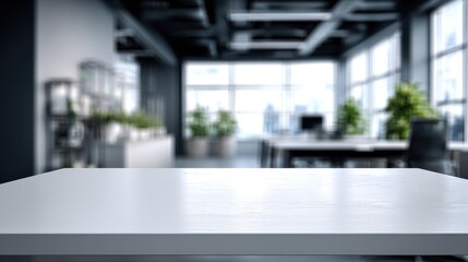 Beautiful photo of white empty table top surface in front, blurred office background. Blank desk in focus, blurred business room. Close-up for presentation of product.