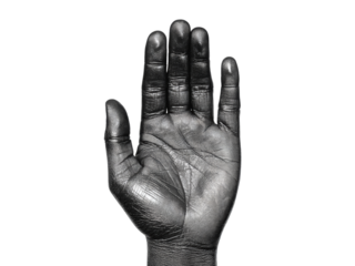 Silver hand raised against black background stop gesture, Isolated On White Background, Png Transparent