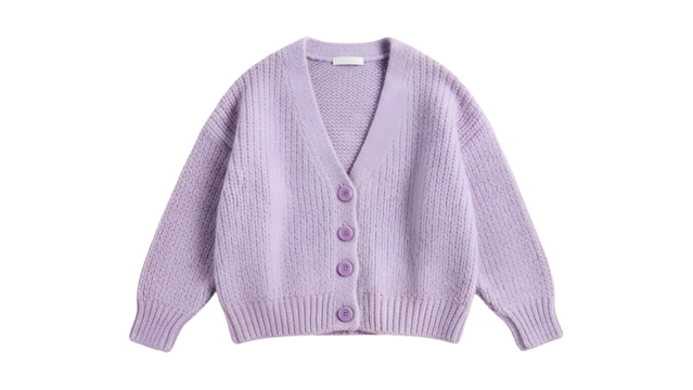 Cozy knitted lavender button-up garment displayed against a solid dark background