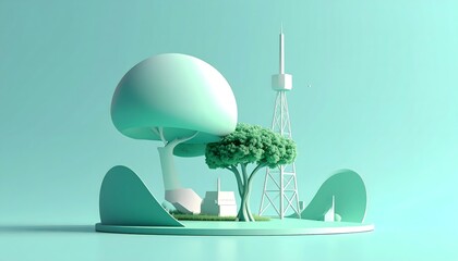 Pristine 3D render of a stylized miniature eco-city with a prominent tower, lush greenery, and abstract buildings on a serene teal base, reflecting sustainable urban design