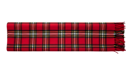 Folded woolen accessory displays a bright red checkered pattern against a solid dark background