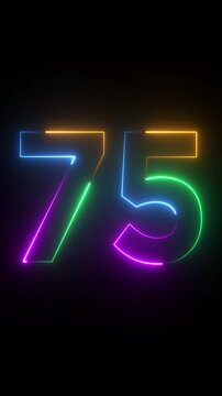 Neon glowing text 74 number animation on black background.74 number neon bright blue red and orrange color.Shining green neon number seventy five animation.