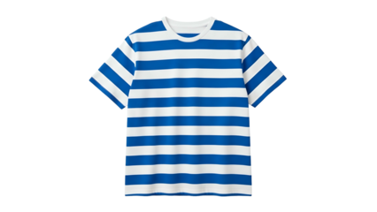 Short sleeved upper garment featuring bold horizontal blue and white stripes