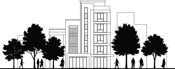 Black and white architectural elevation of modern urban streetscape—multi-story buildings, trees, pedestrians—city design, commercial zone, human-scale illustration